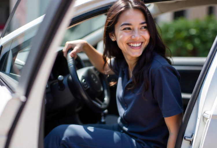 Young woman existing her car